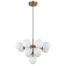 Závěsné svítidlo, kov zlaté barvy, skleněné koule bílé, černý textilní kabel, ø:560mm, V:1200mm, bez žárovek 13xG9 LED, max. 5W 230V