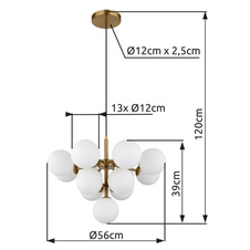 Závěsné svítidlo, kov zlaté barvy, skleněné koule bílé, černý textilní kabel, ø:560mm, V:1200mm, bez žárovek 13xG9 LED, max. 5W 230V