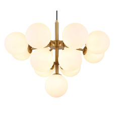 Závěsné svítidlo, kov zlaté barvy, skleněné koule bílé, černý textilní kabel, ø:560mm, V:1200mm, bez žárovek 13xG9 LED, max. 5W 230V