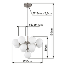 Závěsné svítidlo, kov nikl, sklo bílé, černý textilní kabel, ø:560mm, V:1200mm, bez žárovek 13xG9 LED, max. 2 5W 230V