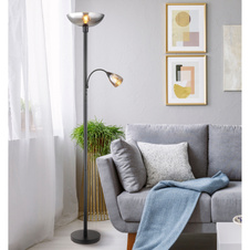 Stojací svítidlo, kov černý matný, sklo kouřové barvy, flexo, 2 vypínače, ø:300mm, V:1780mm, délka kabelu 1800mm, průměr vrchního skla je30cm a bočního skla je 8,5cm, bez žárovky 1xE27, max. 60W 230V, bez žárovky 1xE14, max. 40W 230V