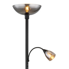 Stojací svítidlo, kov černý matný, sklo kouřové barvy, flexo, 2 vypínače, ø:300mm, V:1780mm, délka kabelu 1800mm, průměr vrchního skla je30cm a bočního skla je 8,5cm, bez žárovky 1xE27, max. 60W 230V, bez žárovky 1xE14, max. 40W 230V