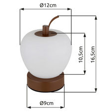 Nabíjecí stolní lampa, hnědý matný kov, plast bílý, černý PVC kabel, dotykové zapnutí/vypnutí, stmívatelné, plynulé dotykové stmívání, aku CR18650 1200mAh 3,7V, doba nabíjení cca 3 hod., ø:120mm, V:165mm, LED 2W 230V 90lm 2700/6500/4000K