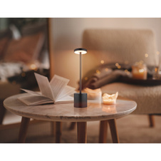 Nabíjecí stolní lampa, kov černý matný, plast bílý, dotykové zapnutí/vypnutí, plynulé dotykové stmívání, aku CR18650 1200mAh 3,7V, doba nabíjení cca 4 hod., doba svícení cca 6 hod., ø:80mm, V:340mm, LED 1,2W 230V 138lm 2000/7000/3500K