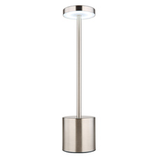 Nabíjecí stolní lampa, kov matný nikl, plast bílý, dotykové zapnutí/vypnutí, plynulé dotykové stmívání, aku CR18650 1200mAh 3,7V, doba nabíjení cca 4 hod., doba svícení cca 6 hod., ø:80mm, V:340mm, LED 1,2W 230V 138lm 2000/7000/3500K.