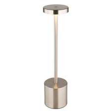 Nabíjecí stolní lampa, kov matný nikl, plast bílý, dotykové zapnutí/vypnutí, plynulé dotykové stmívání, aku CR18650 1200mAh 3,7V, doba nabíjení cca 4 hod., doba svícení cca 6 hod., ø:80mm, V:340mm, LED 1,2W 230V 138lm 2000/7000/3500K.