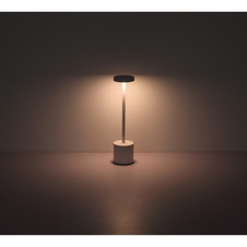 Nabíjecí stolní lampa, kov matný nikl, plast bílý, dotykové zapnutí/vypnutí, plynulé dotykové stmívání, aku CR18650 1200mAh 3,7V, doba nabíjení cca 4 hod., doba svícení cca 6 hod., ø:80mm, V:340mm, LED 1,2W 230V 138lm 2000/7000/3500K.