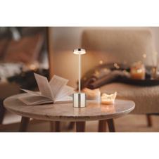 Nabíjecí stolní lampa, kov matný nikl, plast bílý, dotykové zapnutí/vypnutí, plynulé dotykové stmívání, aku CR18650 1200mAh 3,7V, doba nabíjení cca 4 hod., doba svícení cca 6 hod., ø:80mm, V:340mm, LED 1,2W 230V 138lm 2000/7000/3500K.