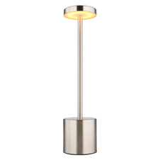 Nabíjecí stolní lampa, kov matný nikl, plast bílý, dotykové zapnutí/vypnutí, plynulé dotykové stmívání, aku CR18650 1200mAh 3,7V, doba nabíjení cca 4 hod., doba svícení cca 6 hod., ø:80mm, V:340mm, LED 1,2W 230V 138lm 2000/7000/3500K.
