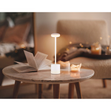 Nabíjecí stolní lampa, kov bílý, plast bílý, dotykové zapnutí/vypnutí, plynulé dotykové stmívání, aku CR18650 1200mAh 3,7V, doba nabíjení cca 4 hod., doba svícení cca 6 hod., ø:80mm, V:340mm LED 1,2W 230V 138lm 2000/7000/3500K.