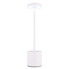 Nabíjecí stolní lampa, kov bílý, plast bílý, dotykové zapnutí/vypnutí, plynulé dotykové stmívání, aku CR18650 1200mAh 3,7V, doba nabíjení cca 4 hod., doba svícení cca 6 hod., ø:80mm, V:340mm LED 1,2W 230V 138lm 2000/7000/3500K.