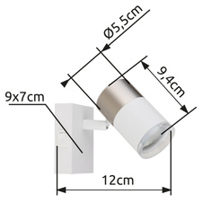 Nástěnné svítidlo, kov bílý, hliník nikl matný, hliník bílý, plast transparentní, kolébkový vypínač, ŠxV:70x90mm, H:120mm, bez žárovky 1xGU10, max. 25W 230V
