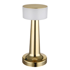 Nabíjecí stolní lampa, plast, matná mosazná barva, bílá, dotykové zapnutí/vypnutí, plynulé dotykové stmívání, aku CR18650 800mAh 3,7V, doba nabíjení cca 2 hodiny, ø:95mm, V:215mm, délka kabelu 1500mm, LED 1W 230V, výstup 55lm, 2700/6500/4000K