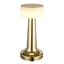Nabíjecí stolní lampa, plast, matná mosazná barva, bílá, dotykové zapnutí/vypnutí, plynulé dotykové stmívání, aku CR18650 800mAh 3,7V, doba nabíjení cca 2 hodiny, ø:95mm, V:215mm, délka kabelu 1500mm, LED 1W 230V, výstup 55lm, 2700/6500/4000K