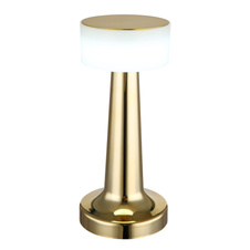 Nabíjecí stolní lampa, plast, matná mosazná barva, bílá, dotykové zapnutí/vypnutí, plynulé dotykové stmívání, aku CR18650 800mAh 3,7V, doba nabíjení cca 2 hodiny, ø:95mm, V:215mm, délka kabelu 1500mm, LED 1W 230V, výstup 55lm, 2700/6500/4000K