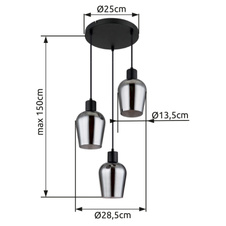 Závěsné svítidlo, kov černý, sklo kouřové barvy, kabel PVC černý, výškově nastavitelné, ø:285mm, V:1500mm, bez žárovek 3xE27, max. 40W 230V