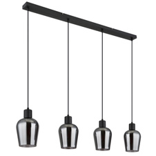 Závěsné svítidlo, kov černý, sklo kouřové barvy, kabel PVC černý, výškově nastavitelné, DxŠxV:1035x135x1500mm, bez žárovek 4xE27 40W 230V