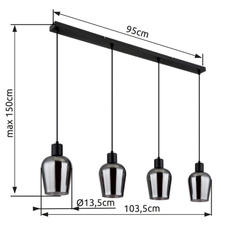 Závěsné svítidlo, kov černý, sklo kouřové barvy, kabel PVC černý, výškově nastavitelné, DxŠxV:1035x135x1500mm, bez žárovek 4xE27 40W 230V