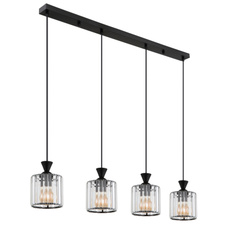 Závěsné svítidlo, kov černý, akrylové křišťály čiré, kabel PVC černý, DxŠxV:860x130x1200mm, bez žárovek 4xE27,max. 60W 230V