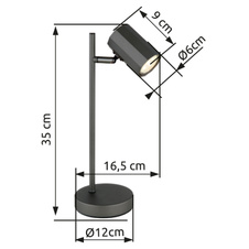 Stolní svítidlo, kov šedý, hliník šedý, kabel PVC černý, kolébkový vypínač na kabelu, DxŠxV:165x120x350mm, délka kabelu 1500mm, bez žárovky 1xGU10 LED, max. 5W 230V