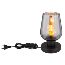 Stolní svítidlo, kov černý, sklo kouřové barvy, kabel PVC černý, kolébkový vypínač na kabelu, ø:135mm, V:220mm, délka kabelu 1500mm, bez žárovky 1xE27, max. 40W 230V