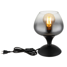 Stolní svítidlo, kov černý matný, sklo kouřové, čiré, kabel černý textil, kolébkový vypínač na kabelu, ø:150mm, V:205mm, délka kabelu 1500mm, bez žárovky 1xE27, max. 40W 230V