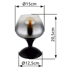 Stolní svítidlo, kov černý matný, sklo kouřové, čiré, kabel černý textil, kolébkový vypínač na kabelu, ø:150mm, V:205mm, délka kabelu 1500mm, bez žárovky 1xE27, max. 40W 230V