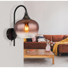 Nástěnné svítidlo, kov černý, kov černý chrom, sklo měděné barvy, průhledné, kolébkový vypínač na výrobku, směr světla: dolů, ŠxV:180x320mm, H:250mm, bez žárovky 1xE27,max. 40W 230V