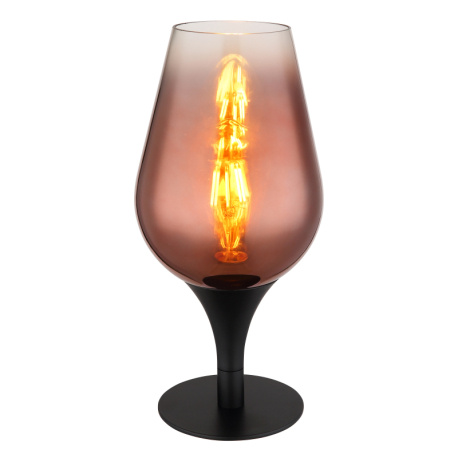 Stolní svítidlo, kov černý, sklo měděné barvy, průhledné, textilní kabel černý, kolébkový vypínač na kabelu, ø:150mm, V:310mm, délka kabelu 1500mm, bez žárovky 1xE27, max. 40W 230V