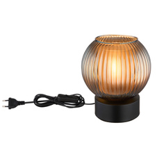 Stolní svítidlo, kov černý matný, skleněná koule modrá, vnitřní sklo bílé, kabel PVC černý, kolébkový vypínač na kabelu, ø:150mm, V:170mm, délka kabelu 1500mm, bez žárovky 1xE27, max. 25W 230V