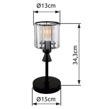 Stolní svítidlo, kov černý matný, akrylové křišťály čiré, kabel PVC černý, kolébkový vypínač na kabelu, ø:150mm, V:343mm, délka kabelu 1400mm, bez žárovky 1xE27, max. 60W 230V