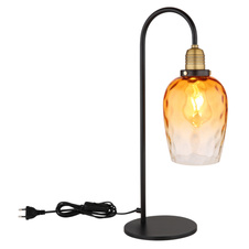 Stolní svítidlo, kov černý, sklo jantarové, průhledné, kov mosazný matný, kabel PVC černý, kolébkový vypínač na kabelu, DxŠxV:245x180x550mm, délka kabelu 1500mm, bez žárovky 1xE27, max. 60W 230V
