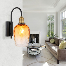 Nástěnné svítidlo, kov černý, sklo jantarové, průhledné, kov mosazný matný, směr světla: dolů, ŠxV:150x350mm, H:240mm, bez žárovky 1xE27,max. 60W 230V
