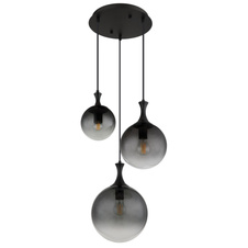 Závěsné svítidlo, kov černý, skleněné koule kouřové barvy, kabel PVC černý, výškově nastavitelné, ø:390mm, V:1415mm, rozměry skla: 1x15cm, 20cm, 25cm, bez žárovek 3xE27 LED, max. 10W 230V