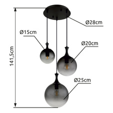 Závěsné svítidlo, kov černý, skleněné koule kouřové barvy, kabel PVC černý, výškově nastavitelné, ø:390mm, V:1415mm, rozměry skla: 1x15cm, 20cm, 25cm, bez žárovek 3xE27 LED, max. 10W 230V