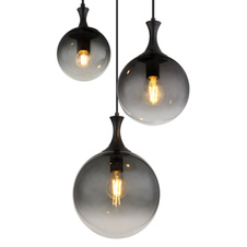 Závěsné svítidlo, kov černý, skleněné koule kouřové barvy, kabel PVC černý, výškově nastavitelné, ø:390mm, V:1415mm, rozměry skla: 1x15cm, 20cm, 25cm, bez žárovek 3xE27 LED, max. 10W 230V