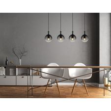 Závěsné svítidlo, kov černý, skleněné koule kouřové barvy, kabel PVC černý, výškově nastavitelné, DxŠxV:900x150x1300mm, bez žárovek 4xE27 LED ILLU, max. 10W 230V