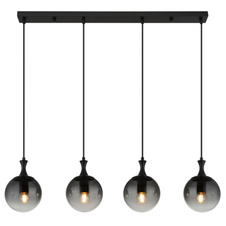 Závěsné svítidlo, kov černý, skleněné koule kouřové barvy, kabel PVC černý, výškově nastavitelné, DxŠxV:900x150x1300mm, bez žárovek 4xE27 LED ILLU, max. 10W 230V