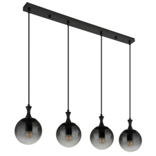Závěsné svítidlo, kov černý, skleněné koule kouřové barvy, kabel PVC černý, výškově nastavitelné, DxŠxV:900x150x1300mm, bez žárovek 4xE27 LED ILLU, max. 10W 230V