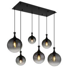 Závěsné svítidlo, kov černý, skleněné koule kouřové barvy, kabel PVC černý, výškově nastavitelné, DxŠxV:970x480x1410mm, rozměry skla: 2x15cm, 20cm, 25cm, bez žárovek 6xE27 LED, max. 10W 230V