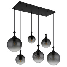 Závěsné svítidlo, kov černý, skleněné koule kouřové barvy, kabel PVC černý, výškově nastavitelné, DxŠxV:970x480x1410mm, rozměry skla: 2x15cm, 20cm, 25cm, bez žárovek 6xE27 LED, max. 10W 230V