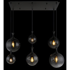 Závěsné svítidlo, kov černý, skleněné koule kouřové barvy, kabel PVC černý, výškově nastavitelné, DxŠxV:970x480x1410mm, rozměry skla: 2x15cm, 20cm, 25cm, bez žárovek 6xE27 LED, max. 10W 230V