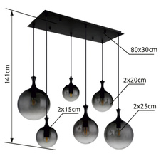 Závěsné svítidlo, kov černý, skleněné koule kouřové barvy, kabel PVC černý, výškově nastavitelné, DxŠxV:970x480x1410mm, rozměry skla: 2x15cm, 20cm, 25cm, bez žárovek 6xE27 LED, max. 10W 230V