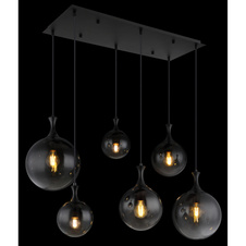 Závěsné svítidlo, kov černý, skleněné koule kouřové barvy, kabel PVC černý, výškově nastavitelné, DxŠxV:970x480x1410mm, rozměry skla: 2x15cm, 20cm, 25cm, bez žárovek 6xE27 LED, max. 10W 230V