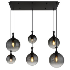 Závěsné svítidlo, kov černý, skleněné koule kouřové barvy, kabel PVC černý, výškově nastavitelné, DxŠxV:970x480x1410mm, rozměry skla: 2x15cm, 20cm, 25cm, bez žárovek 6xE27 LED, max. 10W 230V