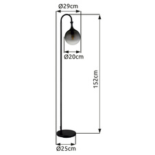 Stojací svítidlo, kov černý matný, skleněná koule kouřové barvy, kabel PVC černý, vypínač na kabelu, DxŠxV:290x250x1520, délka kabelu 1800mm, bez žárovky 1xE27 LED, max. 10W 230V