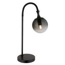 Stolní svítidlo, kov černý matný, skleněná koule kouřové barvy, kabel PVC černý, kolébkový vypínač na kabelu, DxŠxV:225x180x575mm, délka kabelu 1500mm, bez žárovky 1xE27 LED, max. 10W 230V