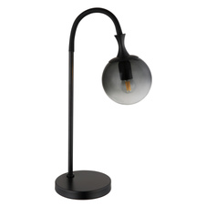 Stolní svítidlo, kov černý matný, skleněná koule kouřové barvy, kabel PVC černý, kolébkový vypínač na kabelu, DxŠxV:225x180x575mm, délka kabelu 1500mm, bez žárovky 1xE27 LED, max. 10W 230V