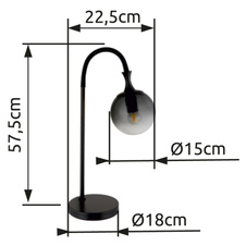 Stolní svítidlo, kov černý matný, skleněná koule kouřové barvy, kabel PVC černý, kolébkový vypínač na kabelu, DxŠxV:225x180x575mm, délka kabelu 1500mm, bez žárovky 1xE27 LED, max. 10W 230V