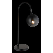 Stolní svítidlo, kov černý matný, skleněná koule kouřové barvy, kabel PVC černý, kolébkový vypínač na kabelu, DxŠxV:225x180x575mm, délka kabelu 1500mm, bez žárovky 1xE27 LED, max. 10W 230V